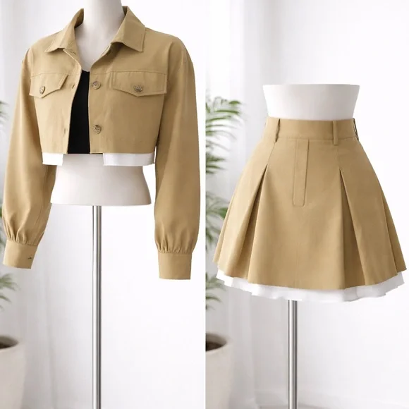Cropped Khaki Jacket and Pleated Skirt Set - Khaki with White Trim - Picture 4 of 8